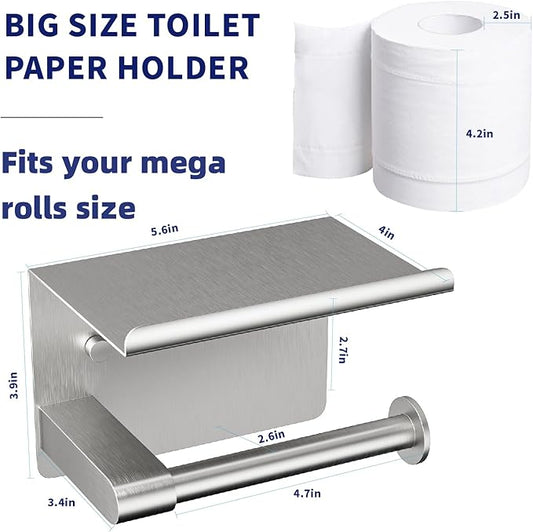 Brushed Nickel Toilet Paper Holder Wall Mount, Fits Mega Rolls Size Sliver Toilet Paper Holder with Shelf, Rustproof Stainless Steel Toilet Paper Roll Holder, Toilet Tissue Holder for Bathroom