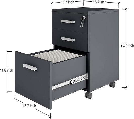 Modern Design Lazio Black File Cabinet, Filing Cabinets for Home Office, Drawers for Under Desk, Locking 3 Drawer Rolling Wood File Cabinet with Lock, by Crafts and Comfort