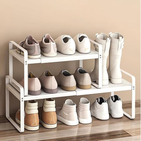 Expandable 1-Tier Metal Shoe Rack (H:7"), Adjustable Width 14.9"-23.6", Heavy-Duty Stackable Free-Standing Shoe Shelf for Closet & Entryway – 2-Pack Set