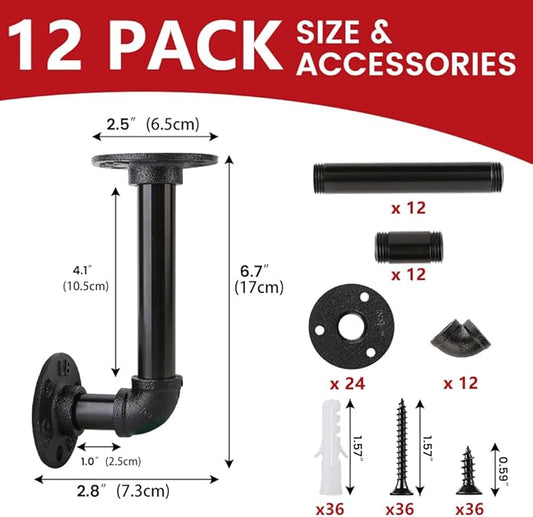 12 Pack Shelf Brackets for 7 - 14 in Wooden Board Pipe Shelf Brackets, Heavy Duty Pipe Shelving Bracket, L Industrial Shelving Brackets, Floating Shelves Bracket, Black