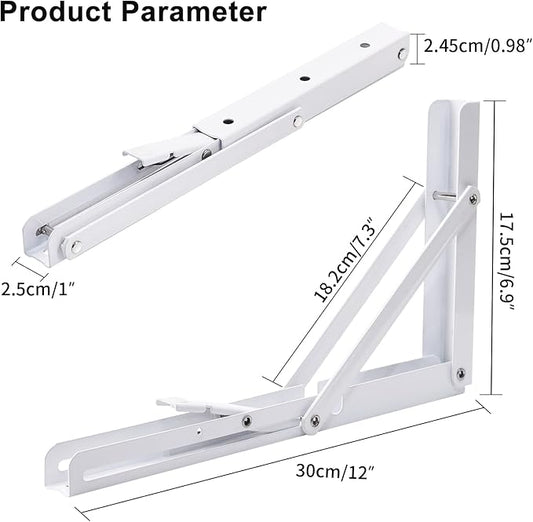 YUMORE Folding Shelf Bracket Heavy Duty, 12 Inch White Collapsible Shelf Bracket, DIY L Bracket for Workbench Folding Table Hinge, Max Load: 330lbs, 2 Pack