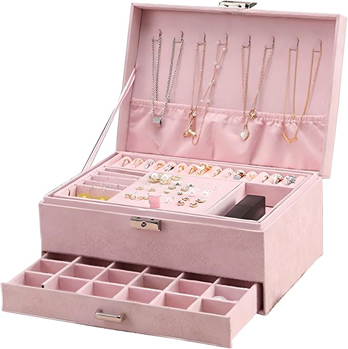 Jewelry Organizer Box for Women Girls, Jewelry Box 3-Tier Jewelry Display Case and Organizer,Lockable Jewelry Display Case Anti Tarnish,Varying Compartments for Necklaces, Bracelets, Rings