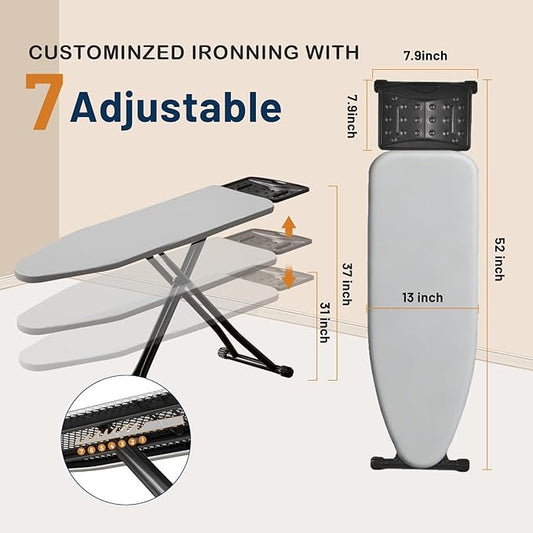 Ironing Board, Adjustable Height Iron Board with Iron Rest, Foldable Metal Iron Table, Heavy Duty Iron Stand with Heat Resistant Cover and Thick Padding, Full Size 44"x13", Grey