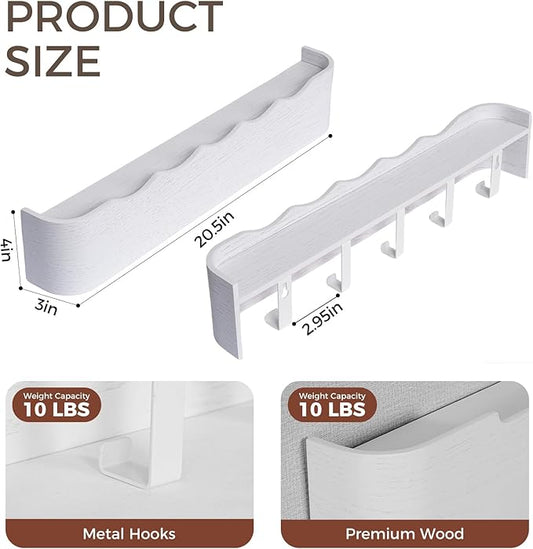 Wall Coat Rack Floating Shelves Modern Coat Rack Wall Mount with Storage Entryway Shelf Wooden Hanger 20 Inch 4 Hidden Metal Hooks for Living Room Bedroom (Wavy White, 5 Hooks)