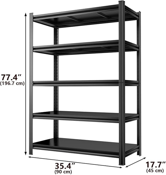 Metal Garage Shelving Unit 5-Tier Adjustable Heavy Duty Storage Shelves, 3000 lbs Capacity Steel Garage Storage Rack Organizer for Garage Basement Warehouse, Black 35.4" W x 17.7" D x 77.4" H