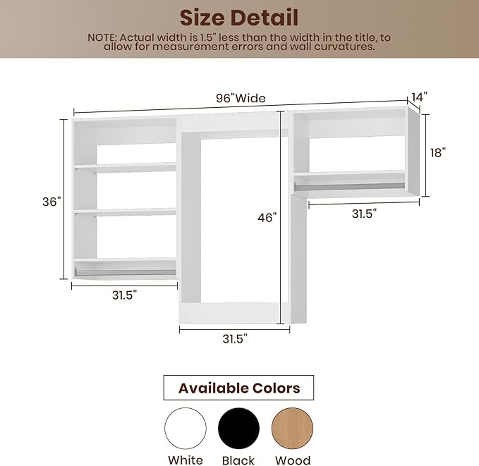 ROOMTEC Modular Closet System, 96" Closet Organizer with Hanging Rods, Wall-Mounted Wooden Tower for Walk-In Closets, Wardrobe Storage Kit, White