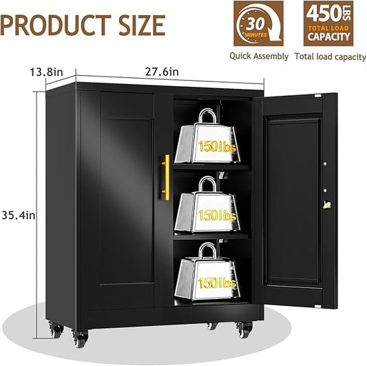 35" Metal Storage Cabinet with Lock and Wheels, Lockable Office File Cabinet with 2 Doors and 2 Adjustable Shelves, Rolling Steel Tool Garage Cabinets for Home Office (Black)