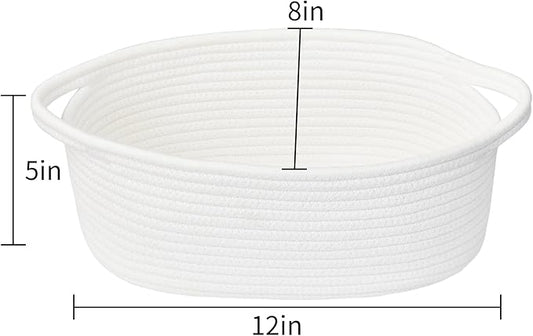 ABenkle Small Basket with Handles, Boho Decorative Rope Woven Dog Cat Toy Storage Bin Shelf Storage Organizer, Easter Christmas Gift Basket, 12"x8"x5", White