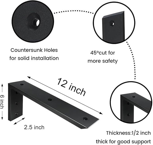 Countertop Support Bracket 4 Pack 12 inch Heavy Duty 1/2" Thick Black Black Granite Countertop Bracket 12"x6"x2.5" Shelf L Bracket Mantel Corbels for Quartz/Granite/Wood/Concret/Laminate Countertops