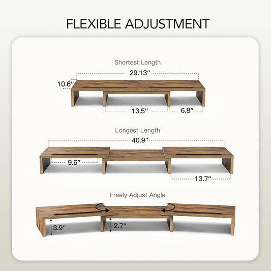 AMERIERGO Dual Monitor Stand Riser- 3 Shelf Screen Stand with Adjustable Length and Angle, 2 Extra Functional Slot Desktop Organizer Stand for PC, Computer, Laptop (Rustic Brown)