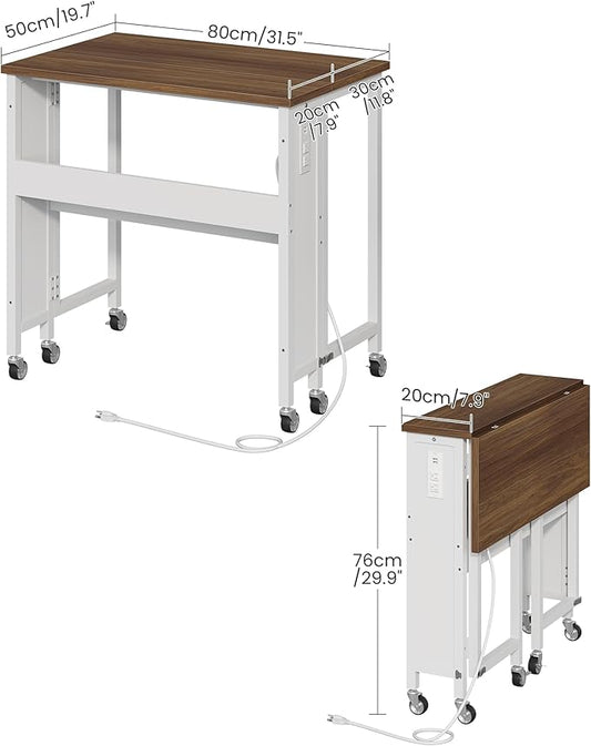 31.5" Modern Folding Computer Desk with Power Outlets, Wheels, Storage, Perfect for Small Spaces Rustic Brown and White TDN01UWL