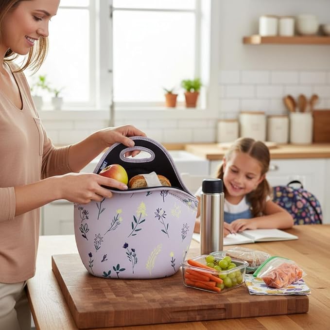 Built Gourmet Getaway Lunch Bag – Thistle Ditsy Neoprene Insulated Food Carrier with Zipper & Handles, Large Reusable Machine Washable Tote for Work, Travel, Picnics & Mother’s Day Lunch Gifting