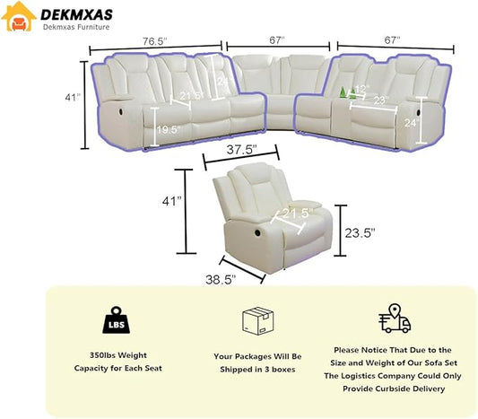 Ivory White Breathing Leather Power Reclining Sectional Sofa Set, Leather Recliner Sofa with LED Light, Living Room Furniture Sets with Storage Console/Cup Holder/USB Port for RV/Home Theater
