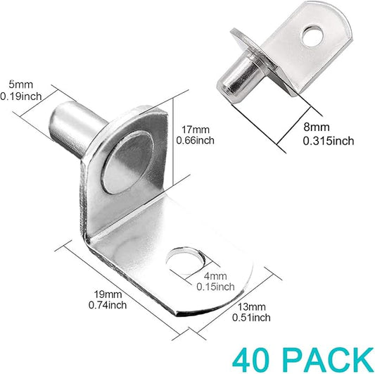 Shelf Support Pegs,40 Pcs Cabinet Shelf Bracket Pegs with Hole,5mm Diameter Pegs for Shelves,L-Shaped Nickel Plated Shelf Pins Holders for Bookcase Kitchen Closet Shelf Shelves Furniture-Silver