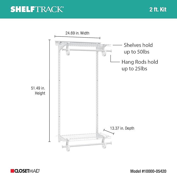 ClosetMaid ShelfTrack Closet Organizer System, Adjustable Double Hang Rod Kit, 2-Feet Wide, White