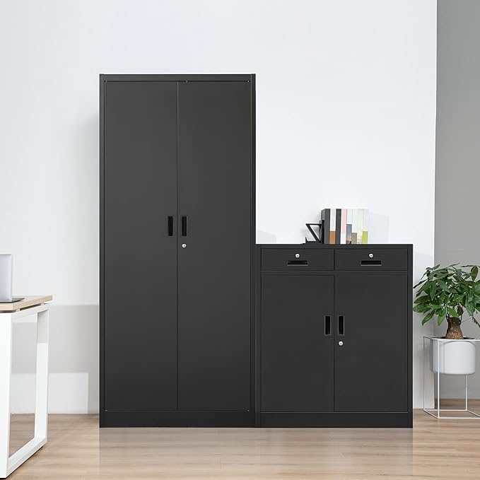Metal Storage Cabinet, 36" H Locking Storage Cabinet with 2 Drawers and Adjustable Shelf, Metal Cabinets for Office, Garage, Home-Black