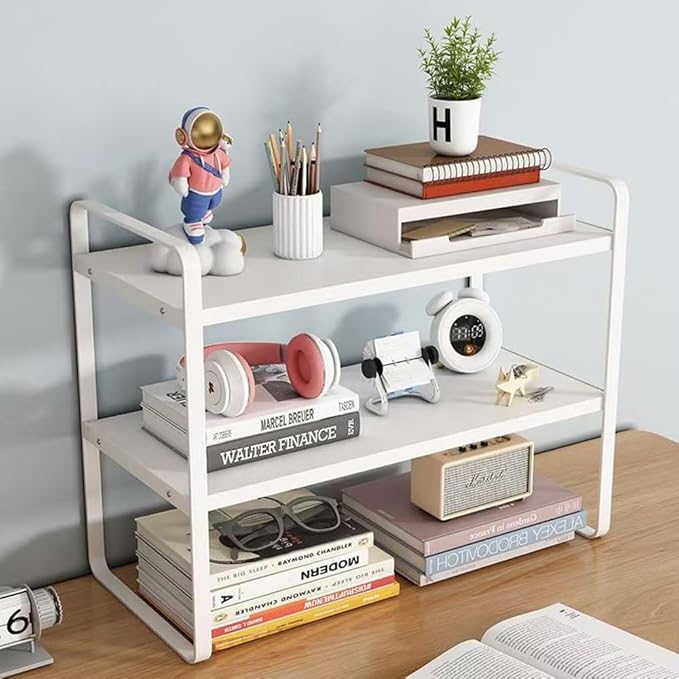 Hbluefat Desktop Organizer Shelf, 2-Tier Multipurpose Tabletop Storage Bookshelf, Small Wooden Countertop Storage Rack for Home Office Kitchen (White+White)