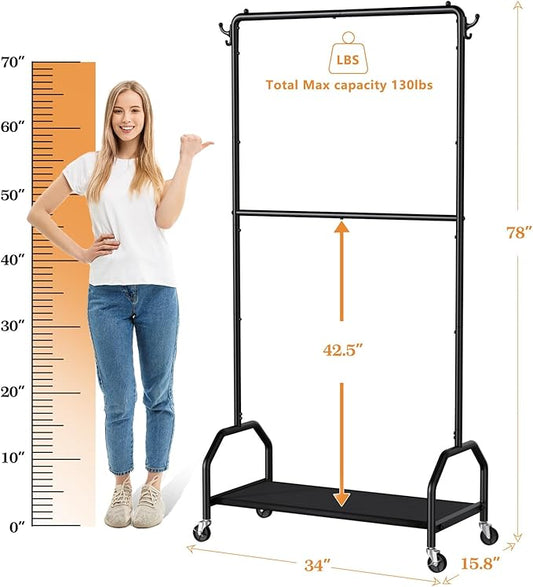 Clothes Rack Double Hanging Clothes Rack Clothing Rack Garment Rack 130LBS Capacity 34.5" W X15.8 D X 79" H Rolling Clothes Racks for Hanging Cothes with Bottom Shelf