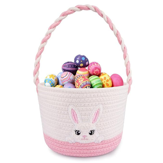 Easter Baskets for Girls, Pink Big Eyes Bunny Gift Basket Empty with Handle Woven Cotton Rope Egg Hunt Bag for Kids Babies Toddler Teens