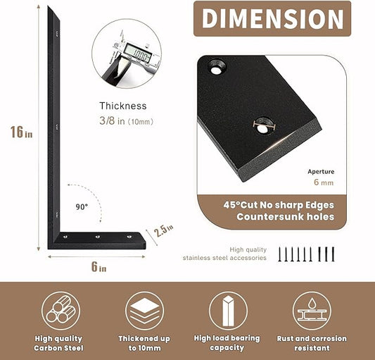 Countertop Support Bracket 16 Inch 4 Pack Countertop Bracket for Granite 3/8" Thick 16"x6"x2.5" Heavy Duty L Brackets Shelf Brackets Metal Corbels for Quartz/Granite/Wood/Concret/ Laminate Countertops