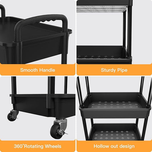 4 Tier Rolling Utility Cart with Drawer,REBECAT Utility Cart Made of Multifunctional Storage Organizer Tool for Kitchen,Bathroom,Living Room,Office(Black)