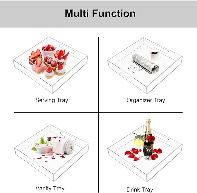 Acrylic Serving Tray 12x12 Inch, Clear Rectangular Tray with Handle, Decorative Ottoman Organizer for Appetizer, Breakfast, Coffee Table, Countertop, Bathroom
