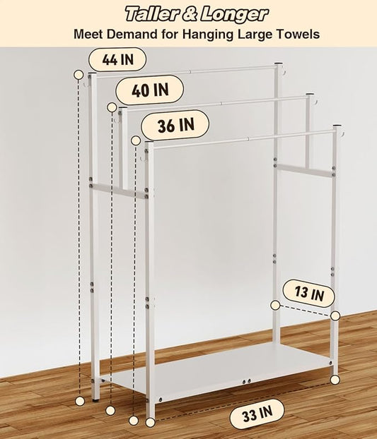 44” Tall Free Standing Towel Racks with 6 Hooks for Bathroom, 3 Tiers Oversized Pool Bath Towels Drying Stand, Metal Blanket Ladder Holder with Storage Shelf for Bedroom Living Room, White