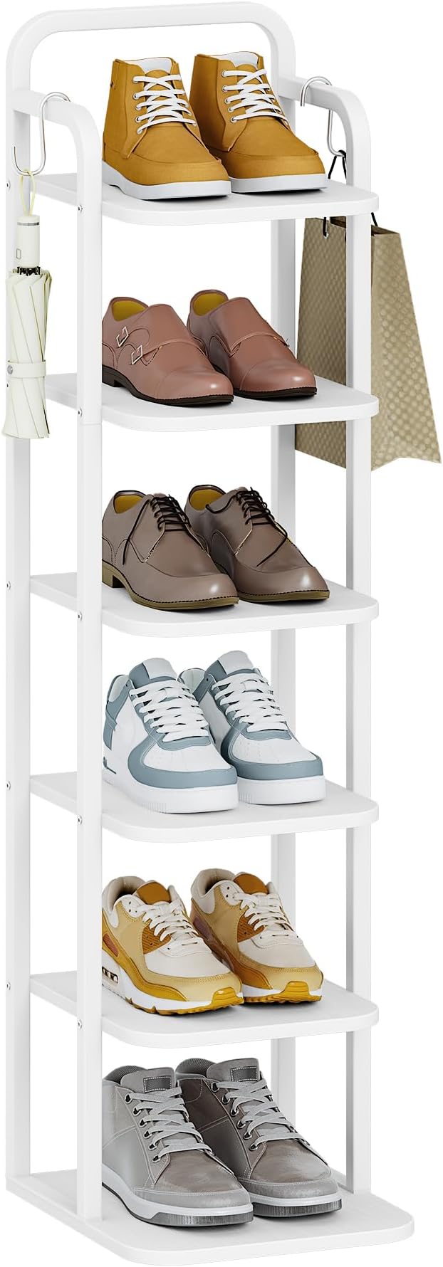 6 Tiers Vertical Shoe Rack, Narrow Shoe Tower, Tall Shoes Shelf with 2 Hooks, Adjustable Shelves, Corner Shoes Shelves for Small Spaces, Entryway, Living Room, White SR04213W
