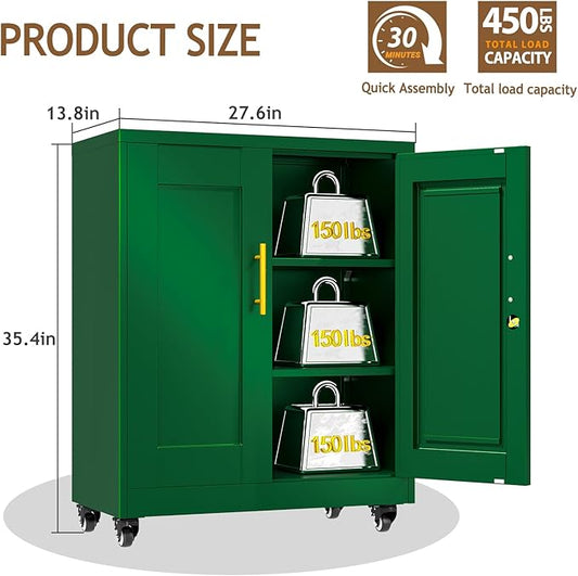 35" Metal Storage Cabinet with Lock and Wheels, Lockable Office File Cabinet with 2 Doors and 2 Adjustable Shelves, Rolling Steel Tool Garage Cabinets for Home Office (Green)