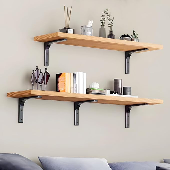 4 PCS Iron Wall Shelf Bracket, 6 x 5 Inch Heavy Duty Shelf Support Bracket Decorative Joint Angle Bracket, Matte Black