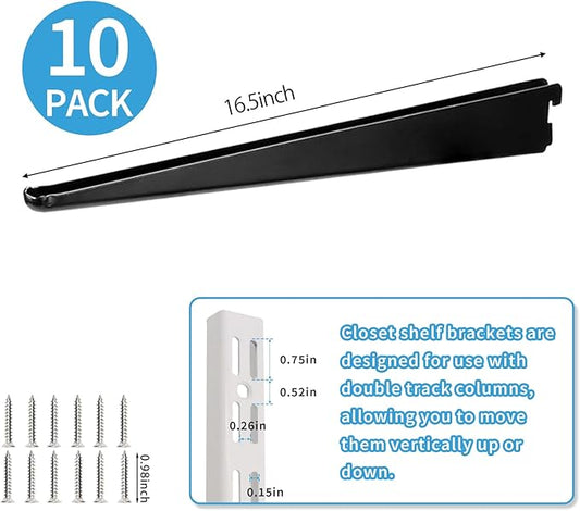 10 Pack 16.5‑Inch Adjustable Wire Shelf Brackets – Heavy‑Duty Double‑Track Closet & Wall Shelving System Supports(Black)