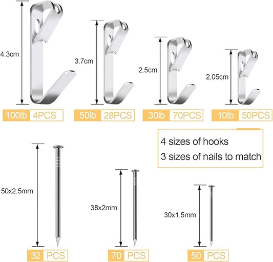 304 Pieces Picture Hanging Kit, 10lb, 30lb, 50lb and 100lb Picture Hangers, Metal Picture Hanging Hooks with Nails, on Drywall, Wooden Wall(Silver)