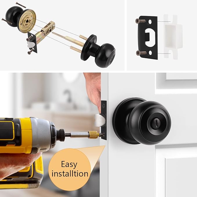 Probrico Black Door Knob 7 Pack, Interior Bedroom Doorknob with Lock, Keyless Door Handles with Inside Privacy Locking Function, Colonial Ball Knob, Universible Levers
