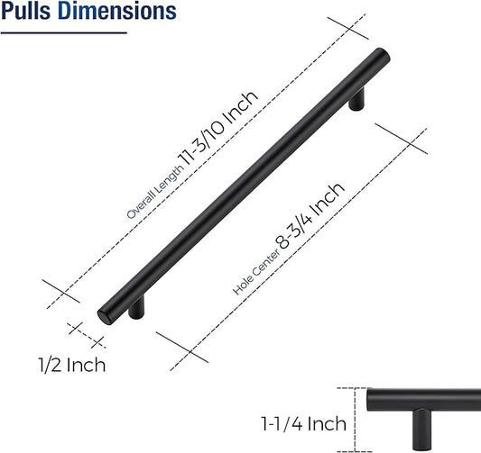 JOY DECOR 10 Pack Cabinet Handles, Black Cabinet Pulls, 8-3/4 in Hole Center Kitchen Hardware, Stainless Steel T Bar Handles for Dresser Drawers