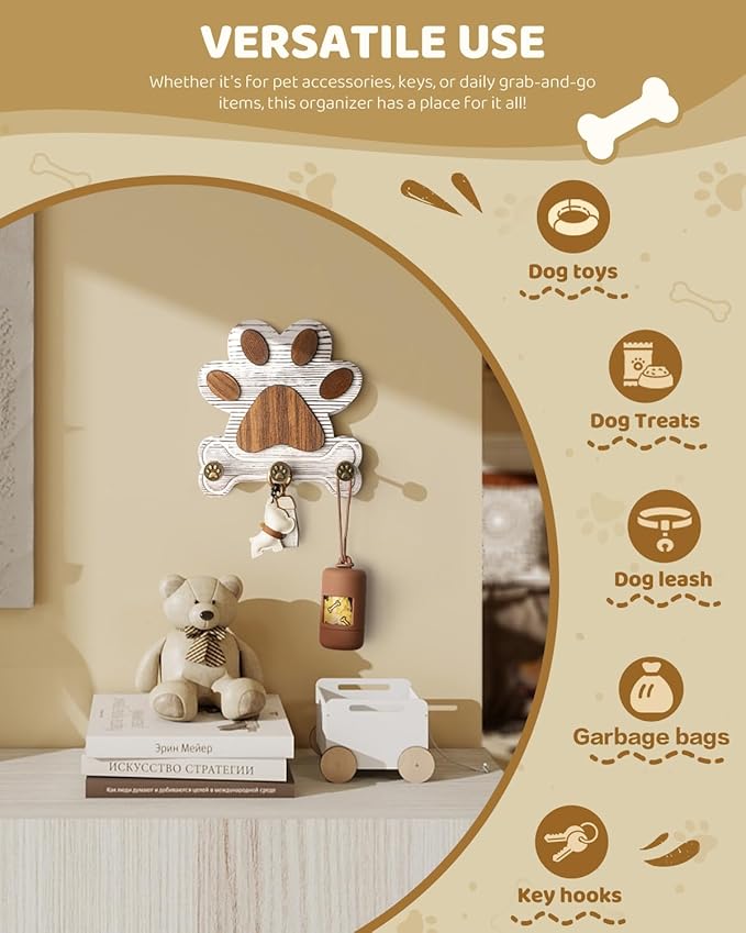 MTERSE Pine Wood Decorative Key Holder Wall Mount – Cute Dog Paw Key Hooks for Wall, Dog Leash Holder for Home Decor – Farmhouse Coat Rack for Entryway, Bedroom & Home Office (White)