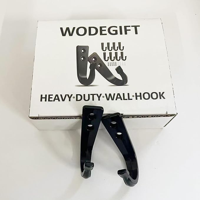 WODEGIFT 10Pcs Heavy Duty Wall Hooks for Hanging, Large Size Wall Hooks,Coat Hooks, for Backpacks, Coats, Cast Iron Pans and Other Heavy Items (Black Hooks)