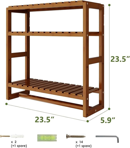 Over The Toilet Storage Bathroom Shelves Wall Mounted 3 Tier Space Saver Corner Shelf Organizer Bamboo Towel Rack Toilet Paper Cabinet with Hanging Rod Brown