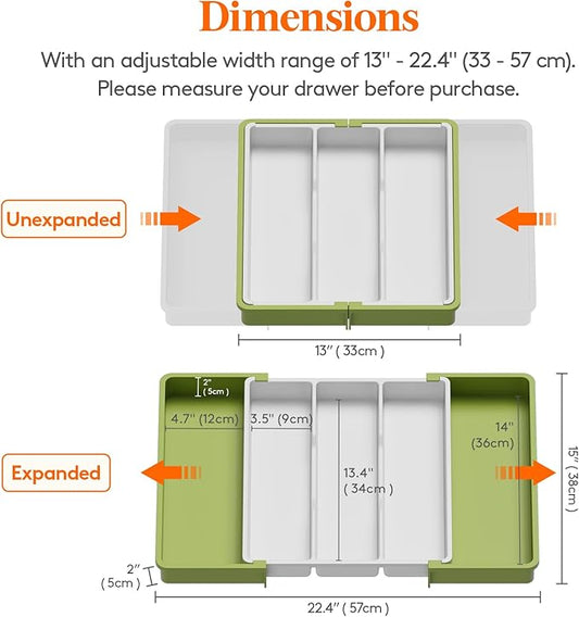 Lifewit Utensil Organizer for Kitchen Drawers, Expandable Cooking Utensil Tray, Adjustable Cutlery Silverware Flatware Holder, Plastic Spatula Tools Storage Divider, 13-22 x 15", Green&White