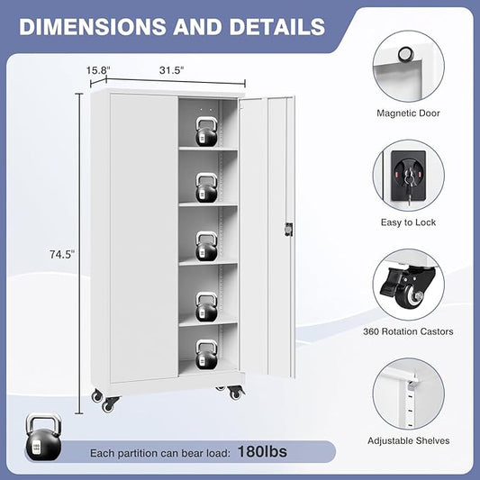 Metal Storage Cabinet with Wheels, Tall Garage Storage Cabinet with 4 Adjustable Shelves and 2 Doors, Lockable Tool Cabinet for Garage Home Office,Gym,School (White)