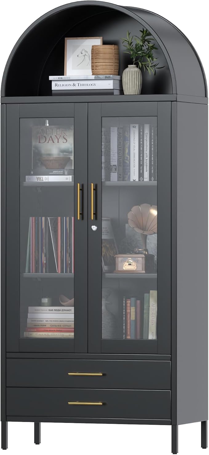 73'' Black Tall Arched Bookcase Cabinet with Glass Doors, Metal Arched Pantry Cabinet with 2 Drawers for Home Kitchen Office,Required Assembly