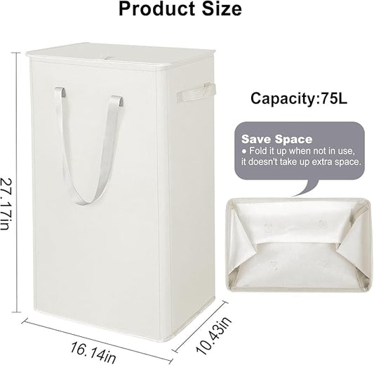 Odonata 75L Slim Laundry Hamper with Lid,Large Foldable Laundry Basket with Removable Bag and Handles Tall Collapsible Dirty Clothes Basket Great for Bedroom, Bathroom, Dorm, College,RV. (Beige, 75L)
