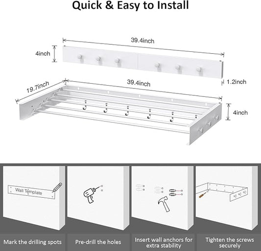 Drying Rack Clothing,Clothes Drying Rack Wall Mounted,Laundry Drying Rack Wall Mount,Foldable,Collapsible,60 lb Capacity 5 Aluminium Poles with 6 Hooks,Space Saving Clothes Drying Rack,White 40"