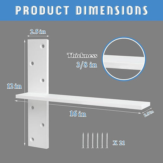 Floating Shelf Bracket 3/8" Thick Heavy Duty Shelf Brackets White 3 Pack Free Hanging Countertop Support Bracket 16" Lx2.5 W Floating Wall Brackets for Cabinets, Dishwasher, Bench Seats Vanities