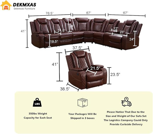Power Sectional Reclining Sofa Set, Brown Breathing Leather Power Recliner Sofa Set with LED Light, Living Room Furniture with 3 Recliner Seats/Cup Holder/Storage Console for Living Room