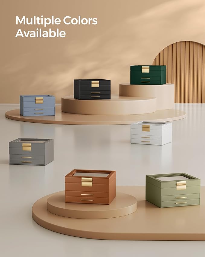SONGMICS GISELLA Collection - Jewelry Box Organizer, 3-Layer Jewelry Storage with 2 Drawers, Shiny Metal Hardware, Glass Lid, Modern, 8 x 9.1 x 5.3 Inches, Forest Green and Gold Color UJBC239C01
