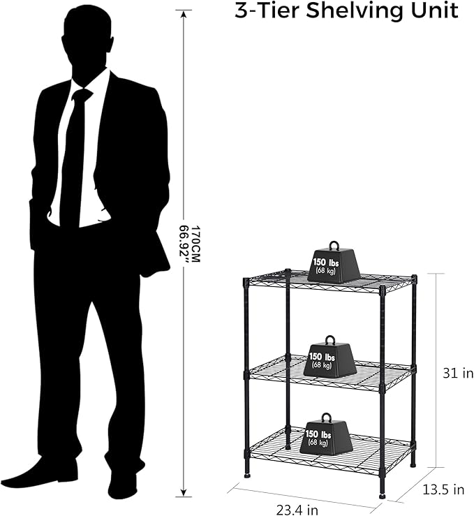 Homeiju 3-Shelf Storage Rack,Adjustable Height Metal Shelving Unit,Heavy Duty Storage Shelving Unit,Wire Rack Shelving,Garage Organizer for Home,Kitchen,Office,Pantry,Garage(13.5"D x 23.4"W x 31"H)
