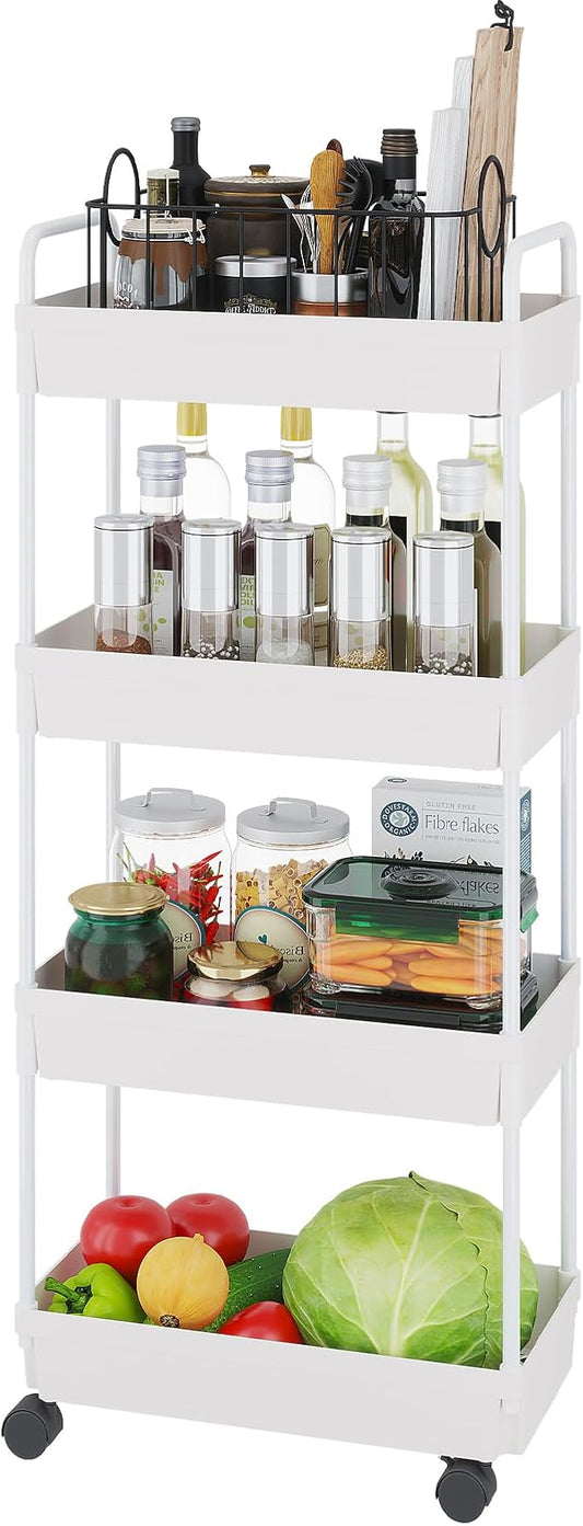 Buzowruil Rolling Storage Cart 4 Tier Organizer Mobile Shelving Unit Storage Rolling Utility Cart with Wheels for Kitchen Bathroom Laundry,White