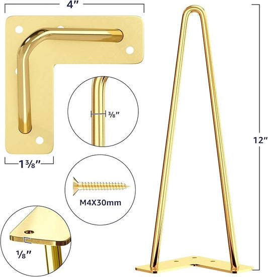 SMARTSTANDARD 12 Inch Hairpin Furniture Legs, 3/8'' Rods Metal Home DIY Projects for Nightstand, Coffee Table, Dresser with Rubber Floor Protectors, Gold Set of 4PCS