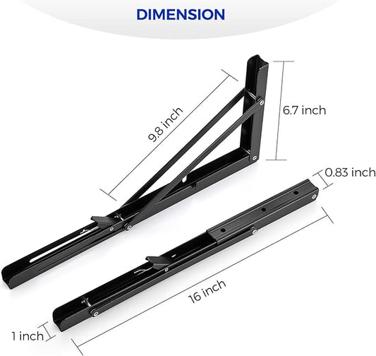 Ravinte 2 Pack 16 Inch Folding Shelf Brackets – Matte Black, Heavy Duty Collapsible Brackets for Tables and Benches – Space-Saving Design
