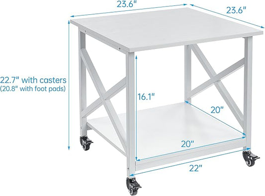 23.6 x 23.6 Inches Large Printer Stand, 2 Tier Square Printer Table with Storage Shelf for Home Office, Multi-use Rolling Cart with Wheels for Laser, 3D Printer and Mini Fridge - White